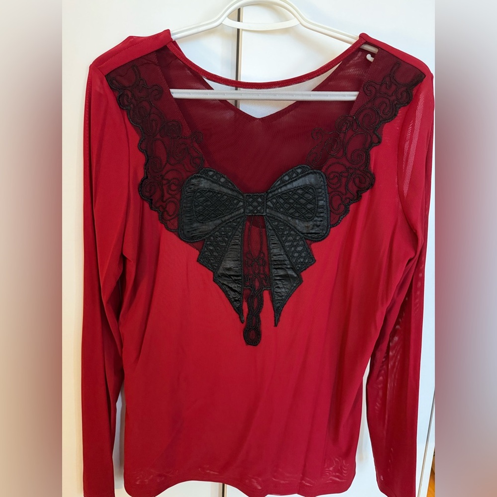 Red Long Sleeve Top with Black Lace Bow stretchy